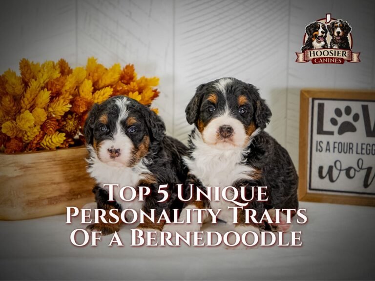 The unique personality traits of a Bernedoodle are affection, intelligence, adaptability, playfulness, and loyalty, featuring 2, 8 week old puppies.