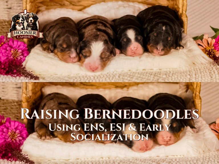 Hoosier Canines ENS, ESI and Early Socialization to develop Bernedoodle Puppies prior to going to their forever home.