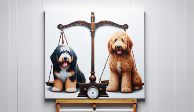 An old-fashioned scale showing a Bernedoodle vs. Goldendoodle size and appearance
