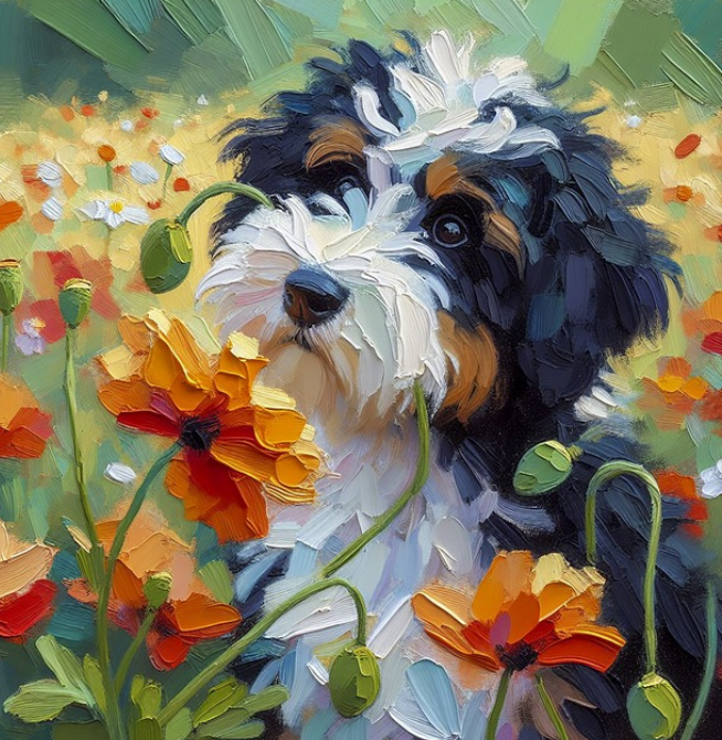 a beautiful painting of a Bernedoodle