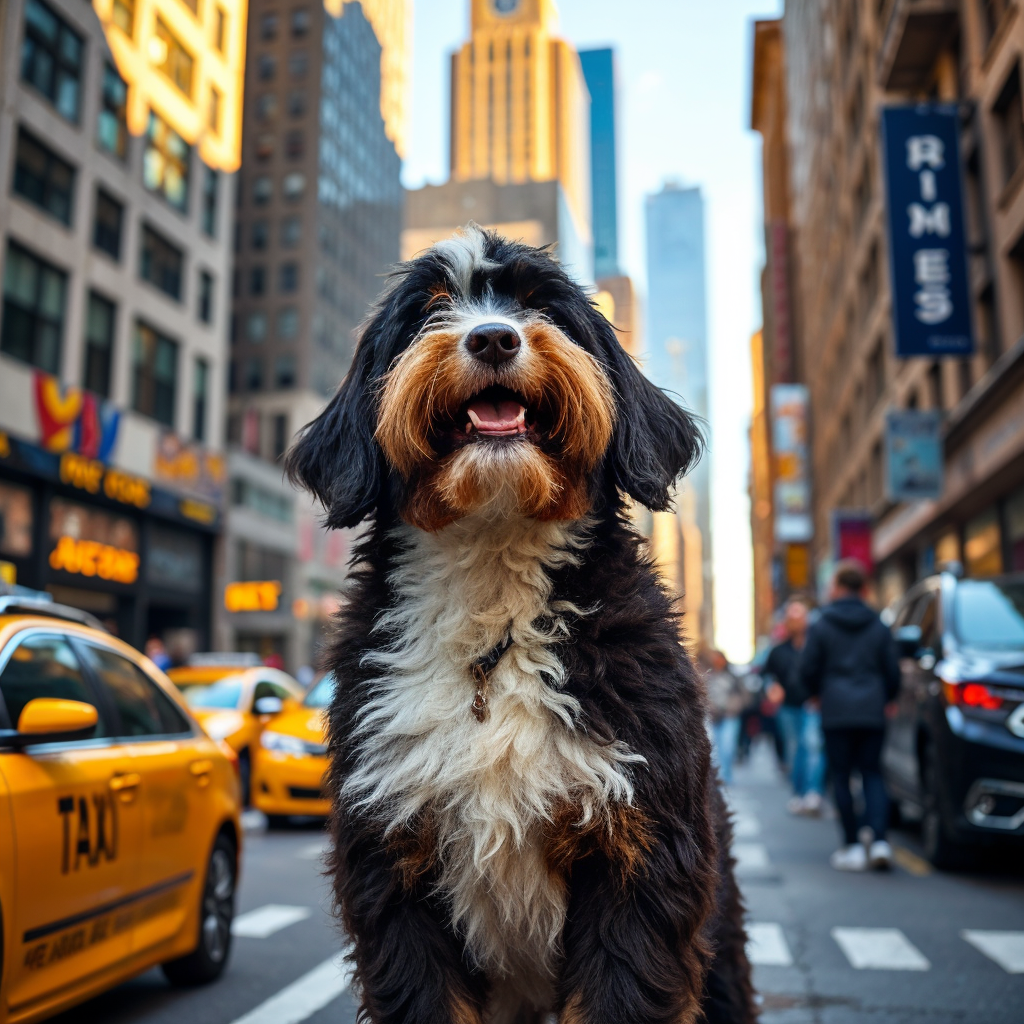 Adorable tri-colored Bernedoodle puppy playing in Central Park, New York, available at Hoosier Canines